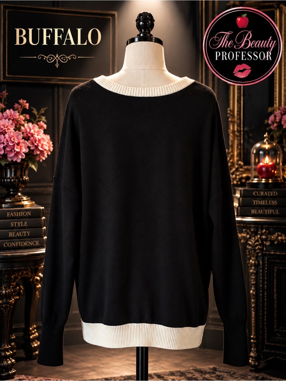 ๐ Jeans by Buffalo XL Black Ivory Color Block Oversized V Neck Sweater - Picture 2 of 10